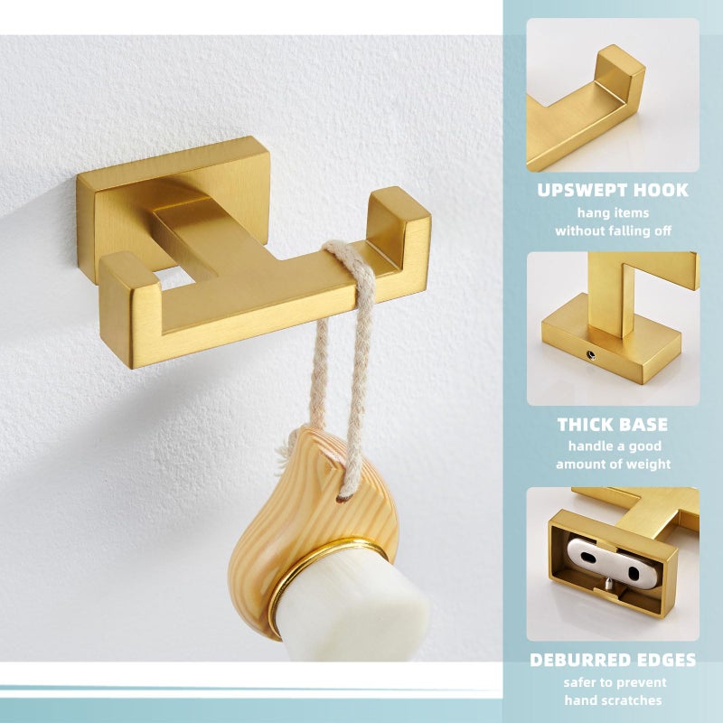 Suyar Double Towel Hook Brushed Gold, SUS304 Stainless Steel Square Coat Robe Holder, Bathroom Kitchen Towel Hanger, Wall Mounted - Image 5